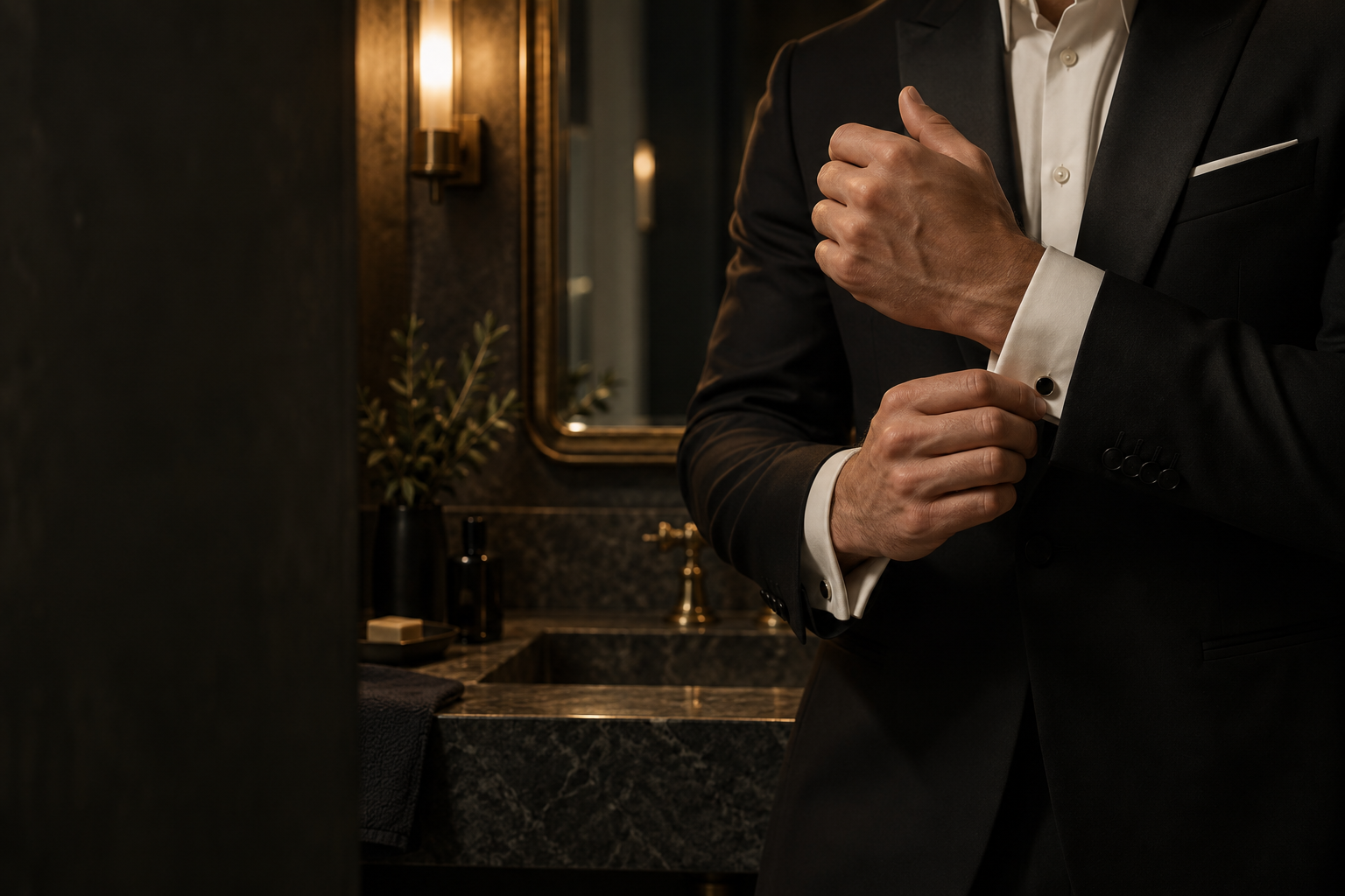 A man adjusting his cuff in a warmly lit bathroom before an evening out