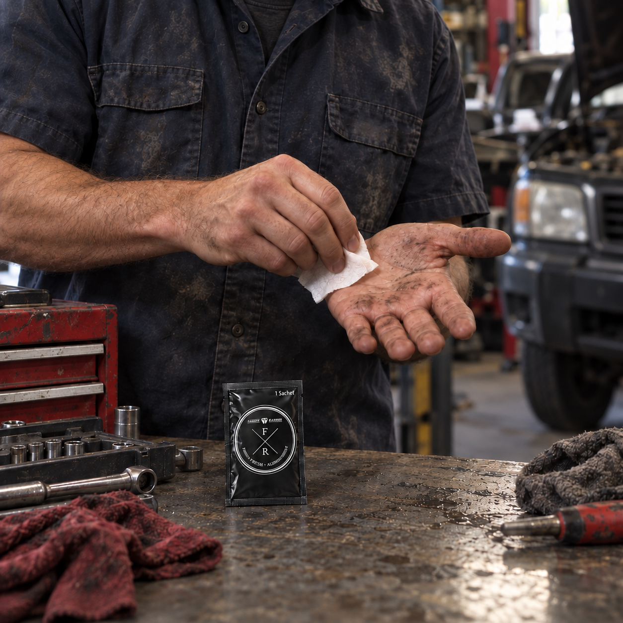 A man wiping his hands with a Fresh Richie towelette after working on a car
